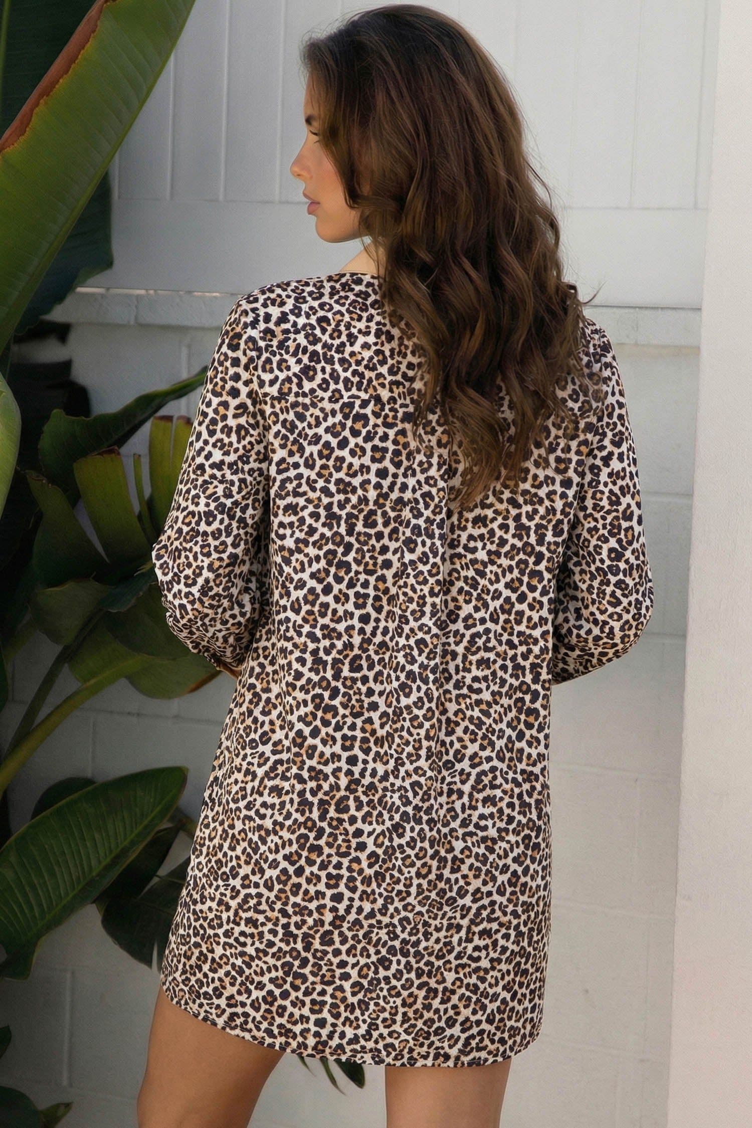 image-Khaki Leopard Print Flared Dress with Striped Collar - Long Sleeve
