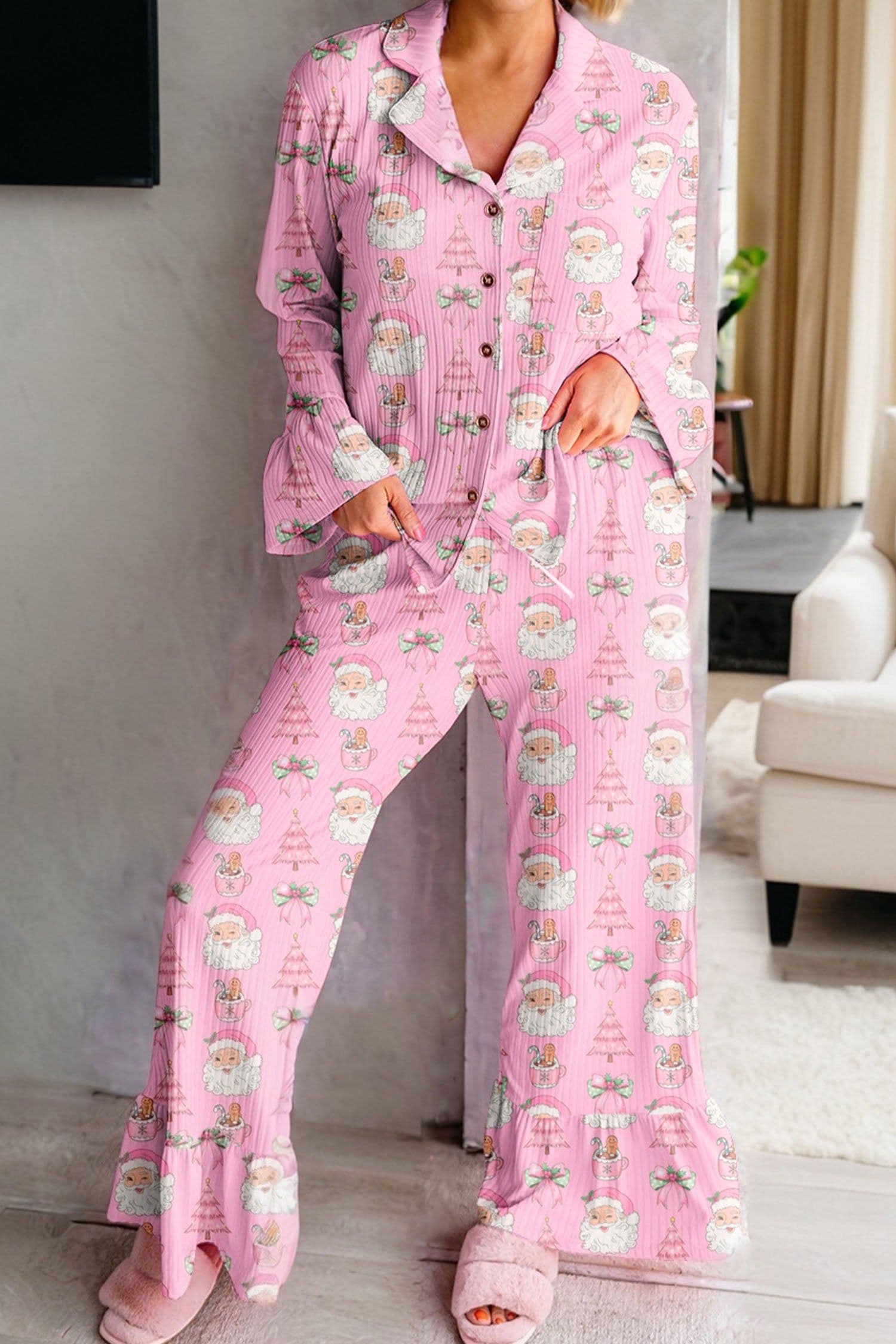 image-Pink Christmas Print Ruffled Ribbed Shirt & Pants 2 Piece PJ Set