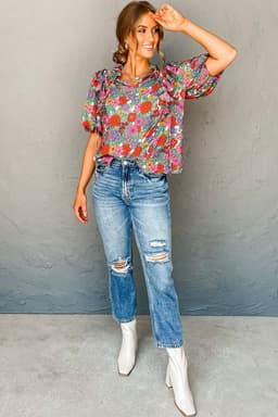 image-Red Floral Ruffle Puff Sleeve Blouse