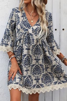 image-Vintage Printed Lace Trim V Neck 3/4 Sleeve Dress - Sky Blue