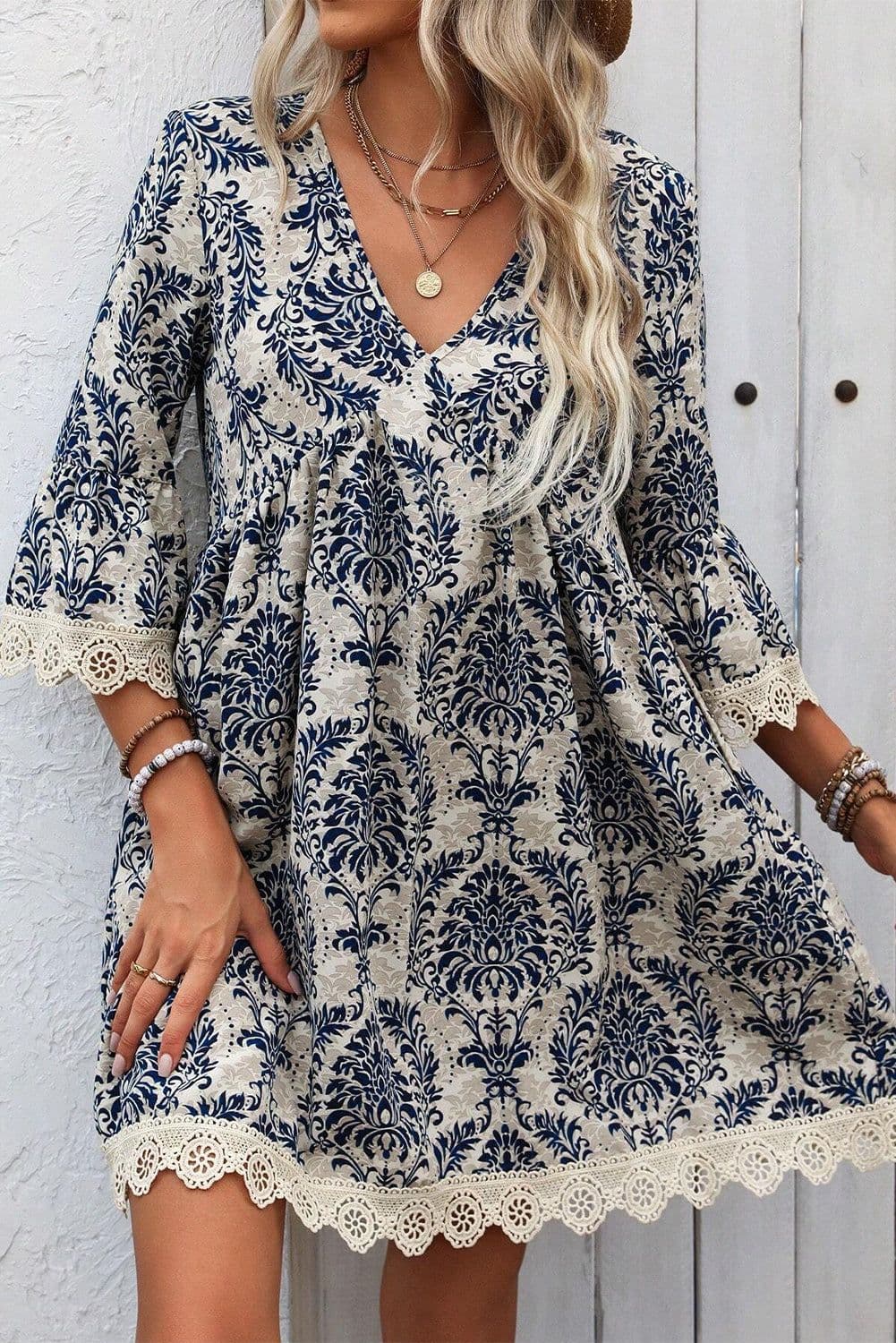 image-Vintage Printed Lace Trim V Neck 3/4 Sleeve Dress - Sky Blue