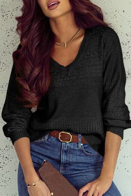 image-Sky Blue V Neck Eyelet Sweater Drop Shoulder