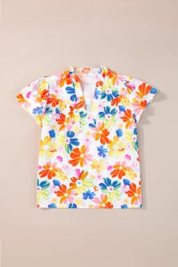 image-White Floral Bouquet Flutter Sleeve Top