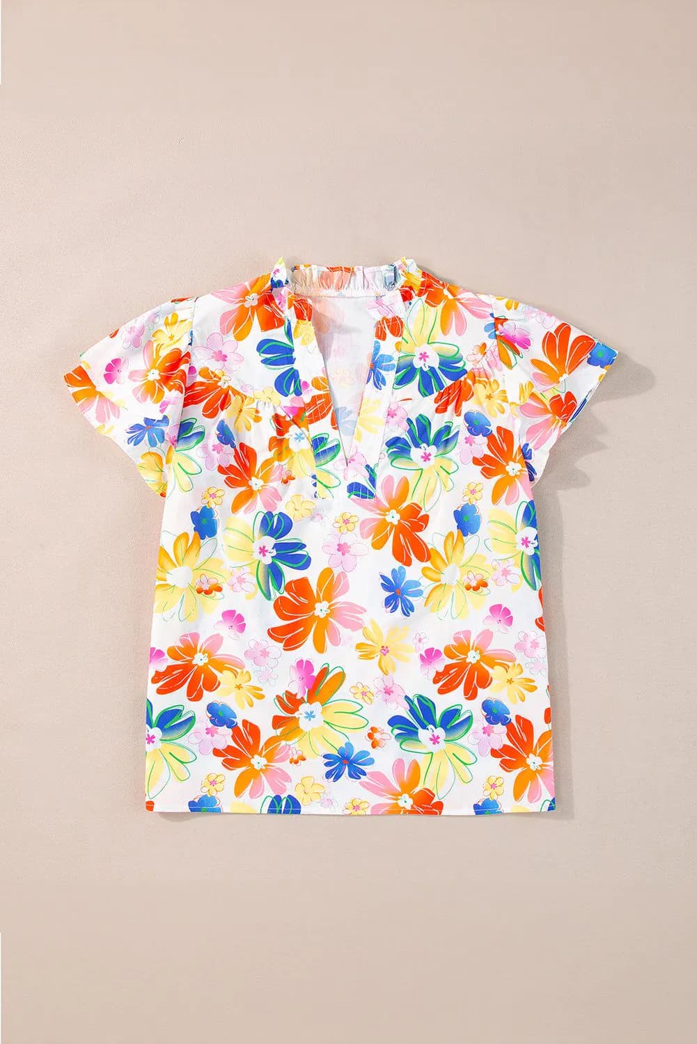 image-White Floral Bouquet Flutter Sleeve Top
