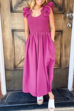 image-Rose Red Maxi Dress - Ruffled Straps, Smocked Ruched, Sizes S-XL