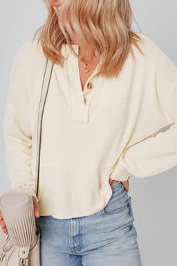 image-Apricot Corded Texture Lantern Sleeve Henley Sweatsuit