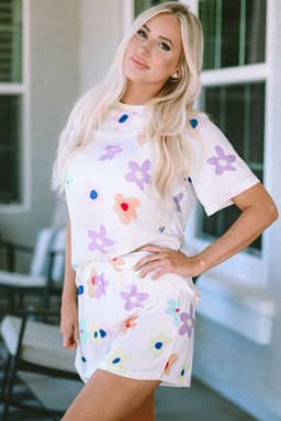 image-Pink Flower Print Short Sleeve High Waist Two Piece Shorts Set