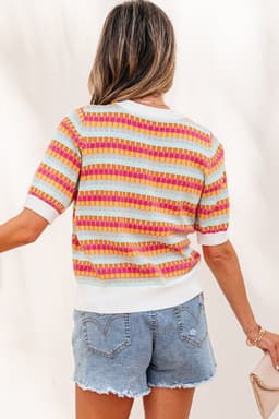image-Abstract Striped Knit Short Sleeve Sweater - Purple