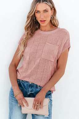 image-Pink Lattice Textured Knit Short Sleeve Sweater - Sizes S-3XL