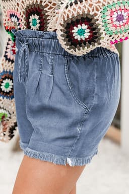 image-Dusk Blue Raw Hem Lace-up High Waist Plus Size Denim Shorts