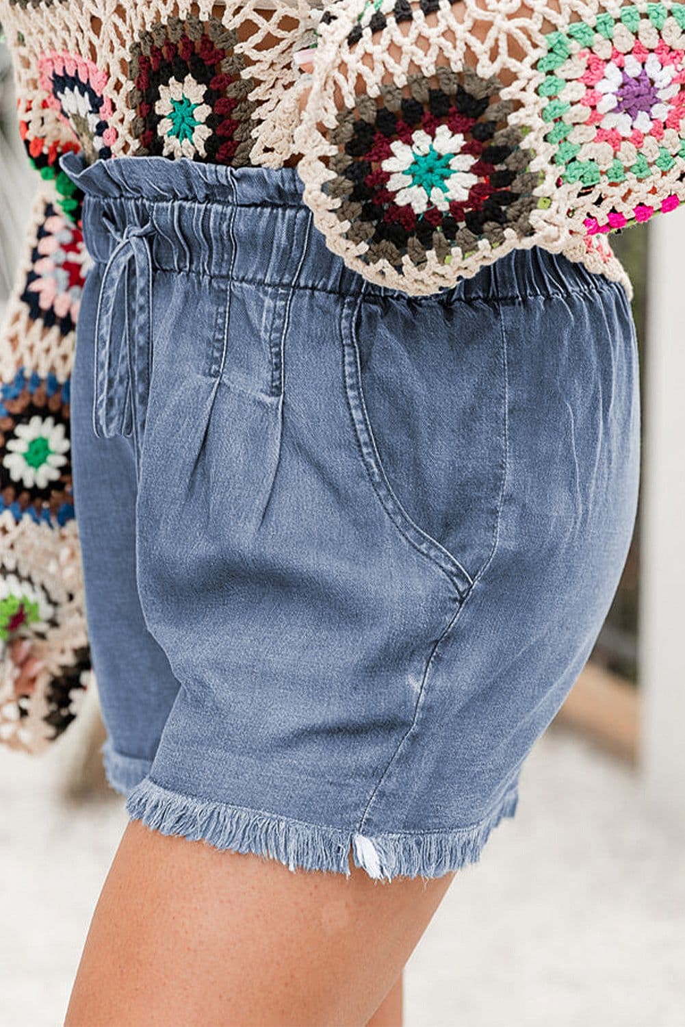 image-Dusk Blue Raw Hem Lace-up High Waist Plus Size Denim Shorts