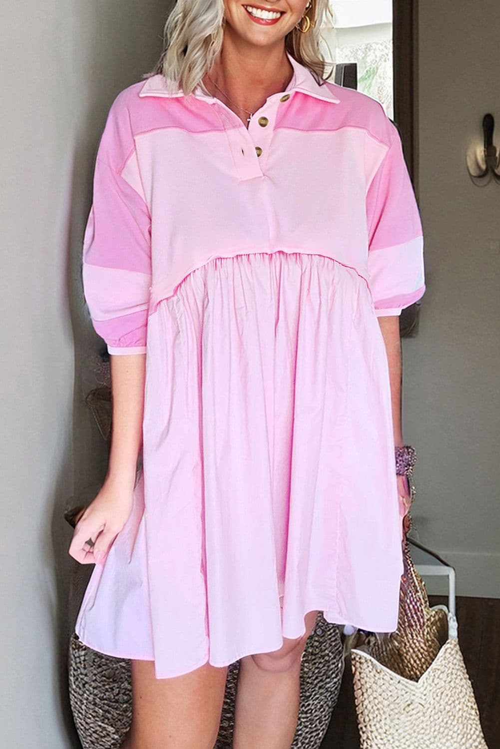 image-Pink Raw Seam Color Block Patchwork Button Polo Collar Mini Dress