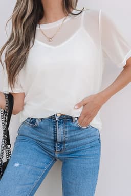 image-White Sheer Mesh Patchwork Short Sleeve Top