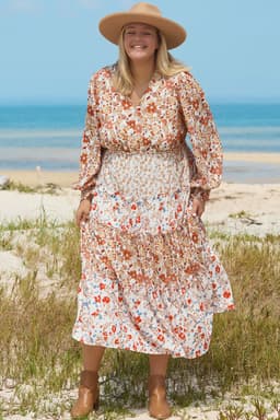 image-Plus Size Floral Tiered Ruffle Maxi Dress - Khaki