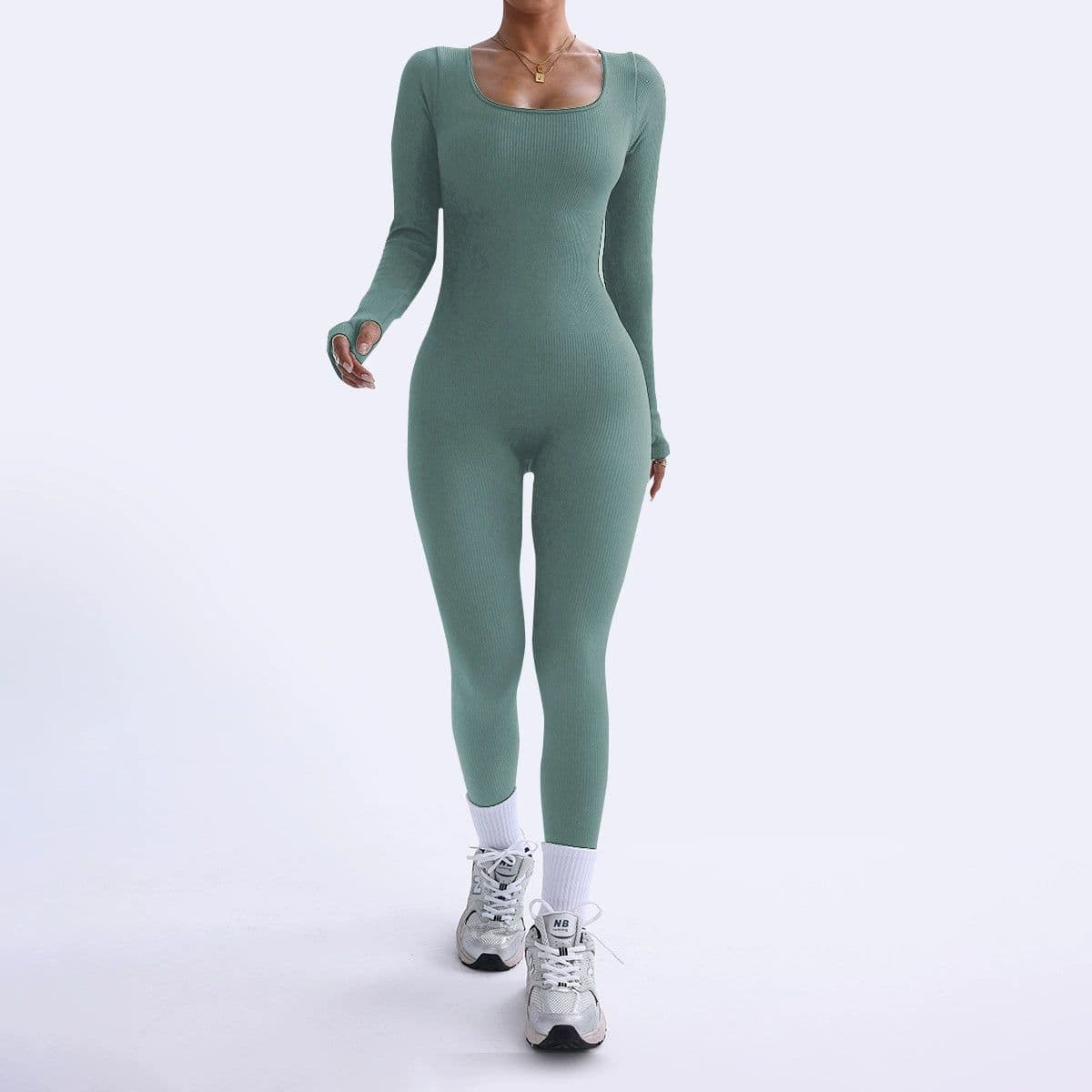 image-Threaded Square Collar Buttocks Slim Jumpsuit