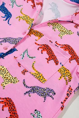 image-Pink Cheetah Print Pajama Set - Button-Up Shirt & Pants