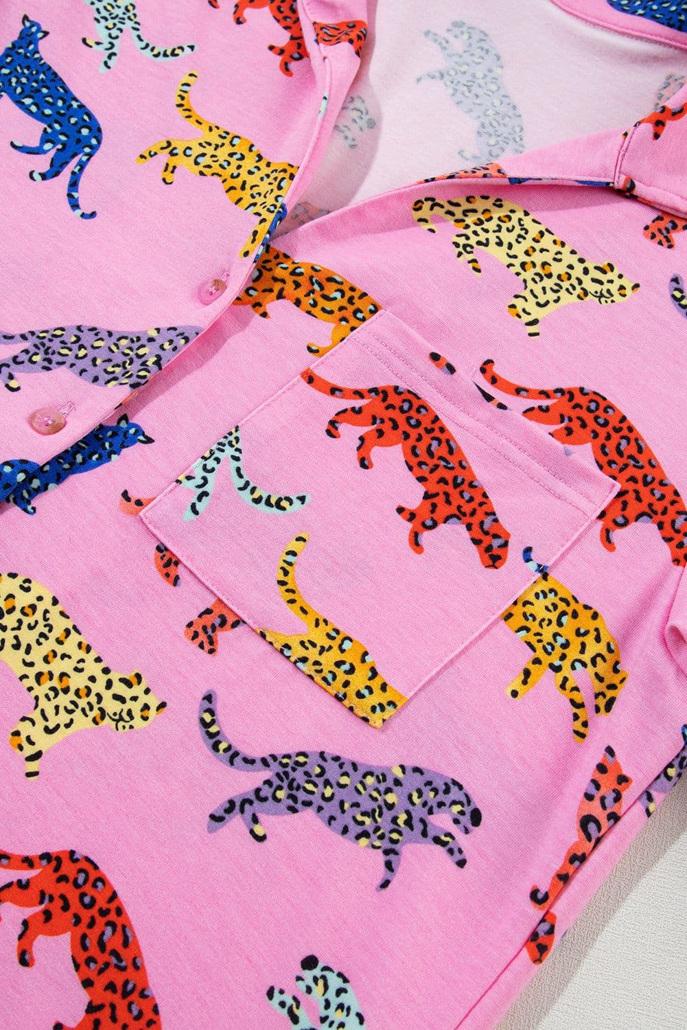 image-Pink Cheetah Print Pajama Set - Button-Up Shirt & Pants