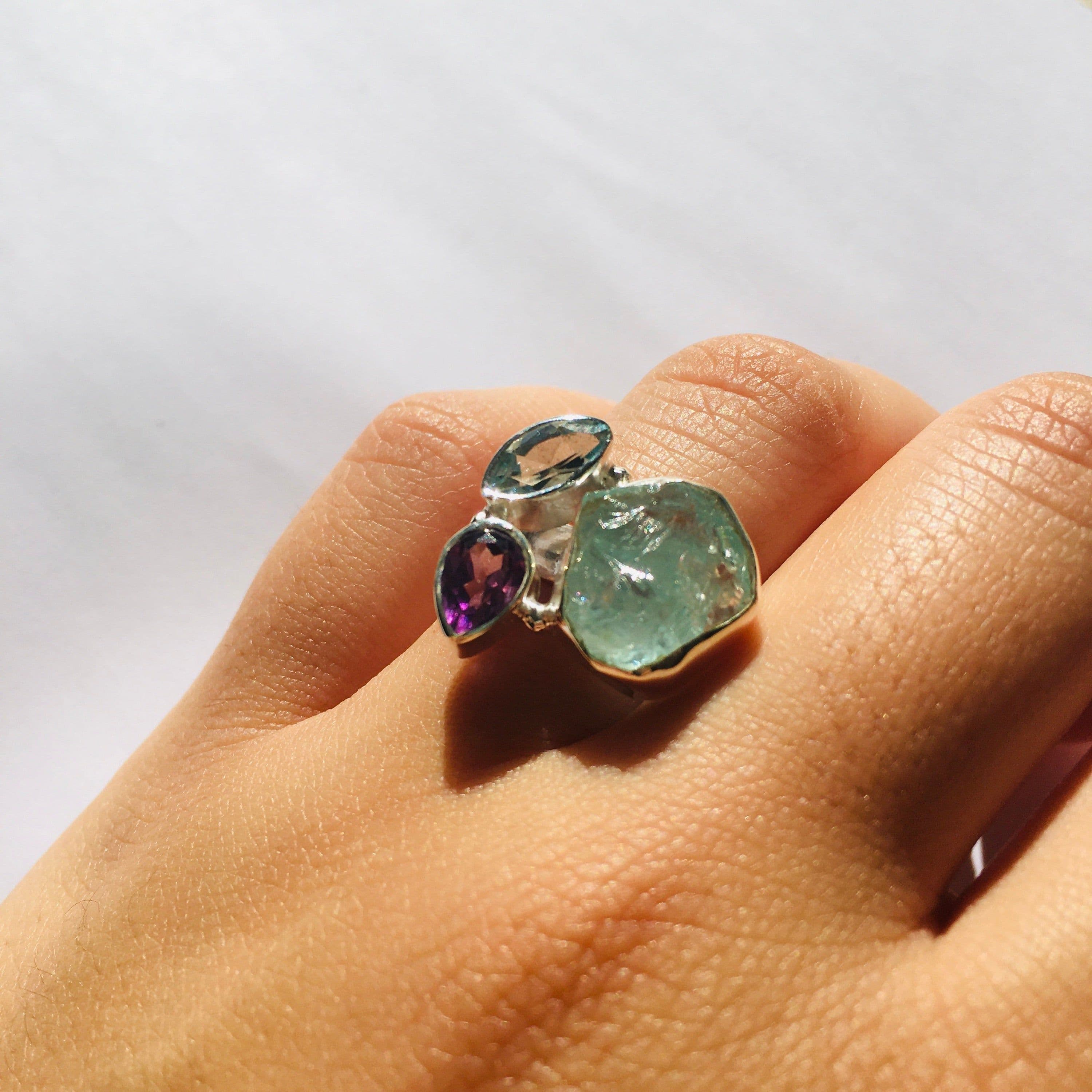 image-Bague “Lucidité et Confiance” en Améthyste, Aigue-marine et Topaze