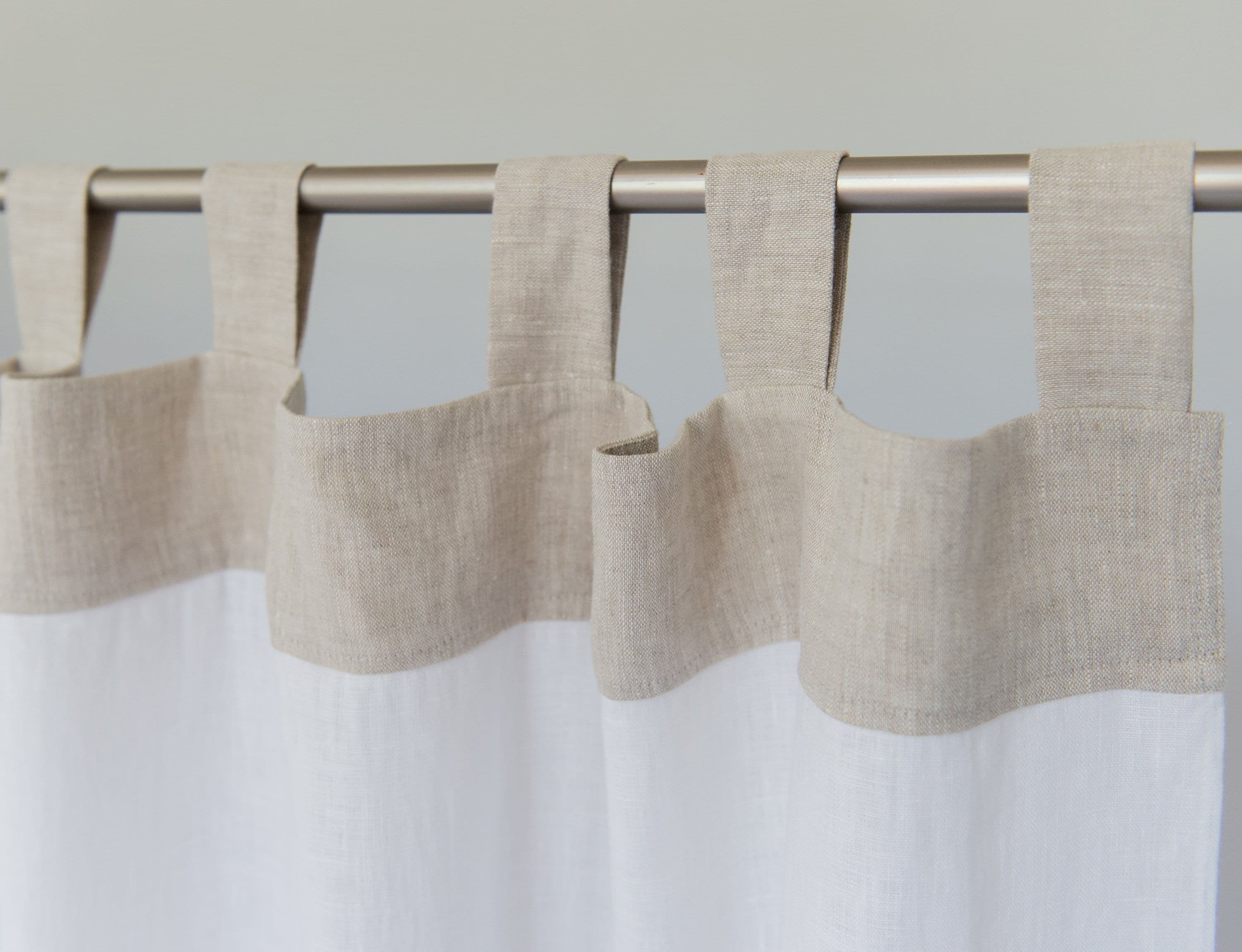 image-White and Natural Light linen curtains with tabs, two tones