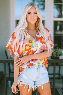 image-Multicolor Floral Print V Neck Half Sleeve Blouse