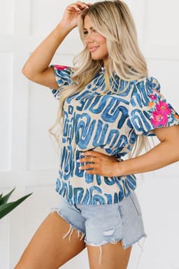 image-Beige Embroidered Puff Sleeve Top with Frilled Neck (54 characters)