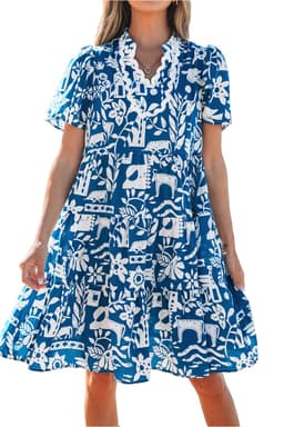 image-Blue Ricrac Trim Split Neck Floral Loose Dress
