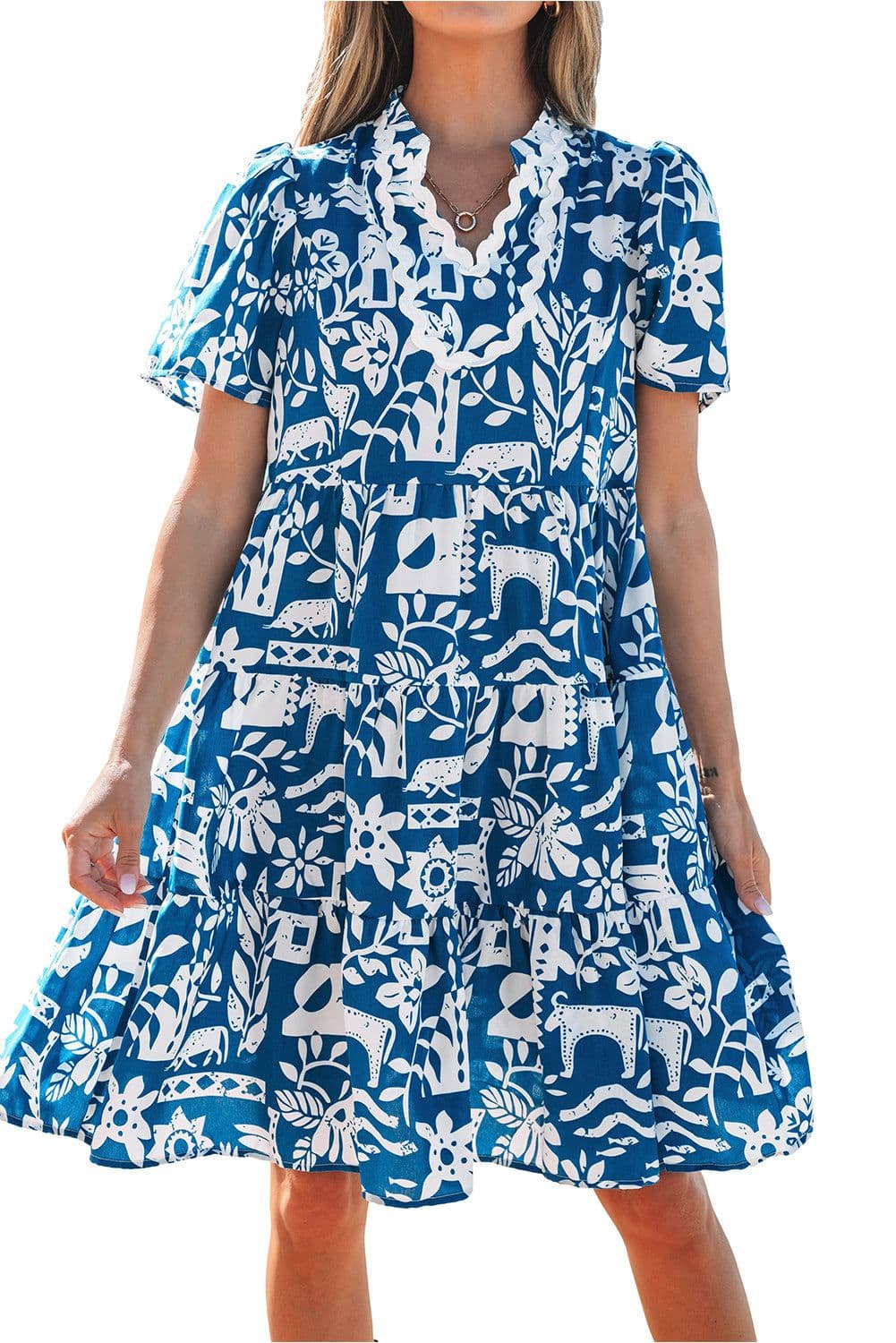 image-Blue Ricrac Trim Split Neck Floral Loose Dress