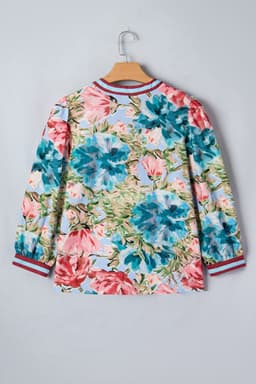 image-Sky Blue Floral Blouse V Neck Cuffed Sleeves