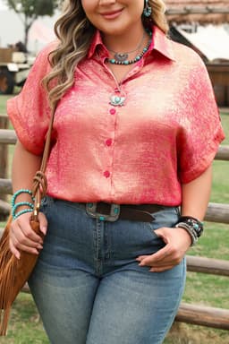 image-Rose Red Plus Size Metallic Sheen Button Up Shirt