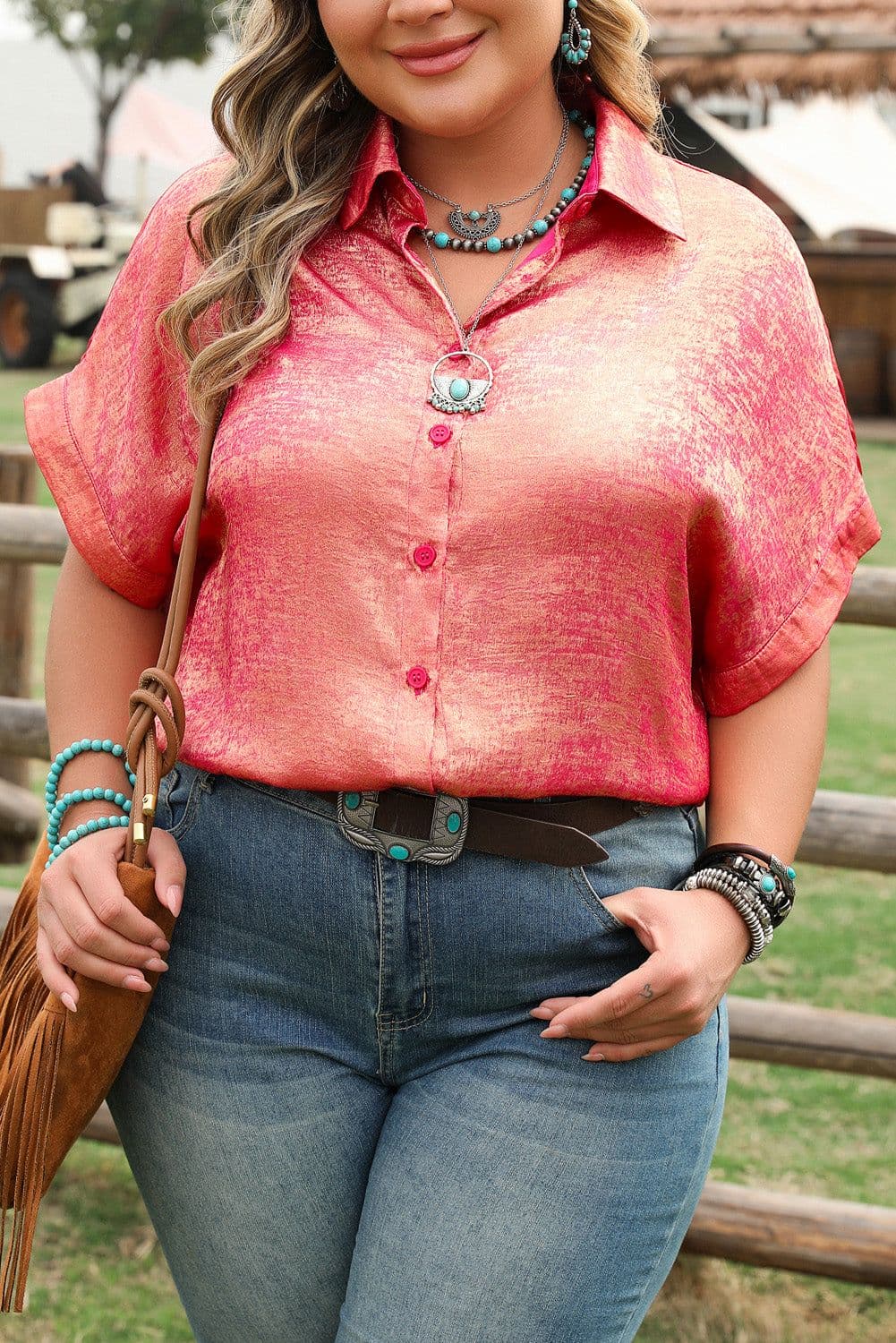 image-Rose Red Plus Size Metallic Sheen Button Up Shirt