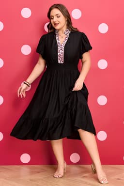 image-Black Leopard V Neck Patchwork Smocked Waist Plus Size Ruffled Dress