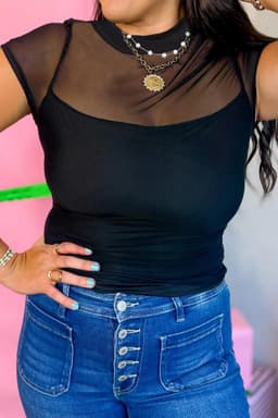 image-Black Sheer Mesh Patchwork Cap Sleeve T Shirt