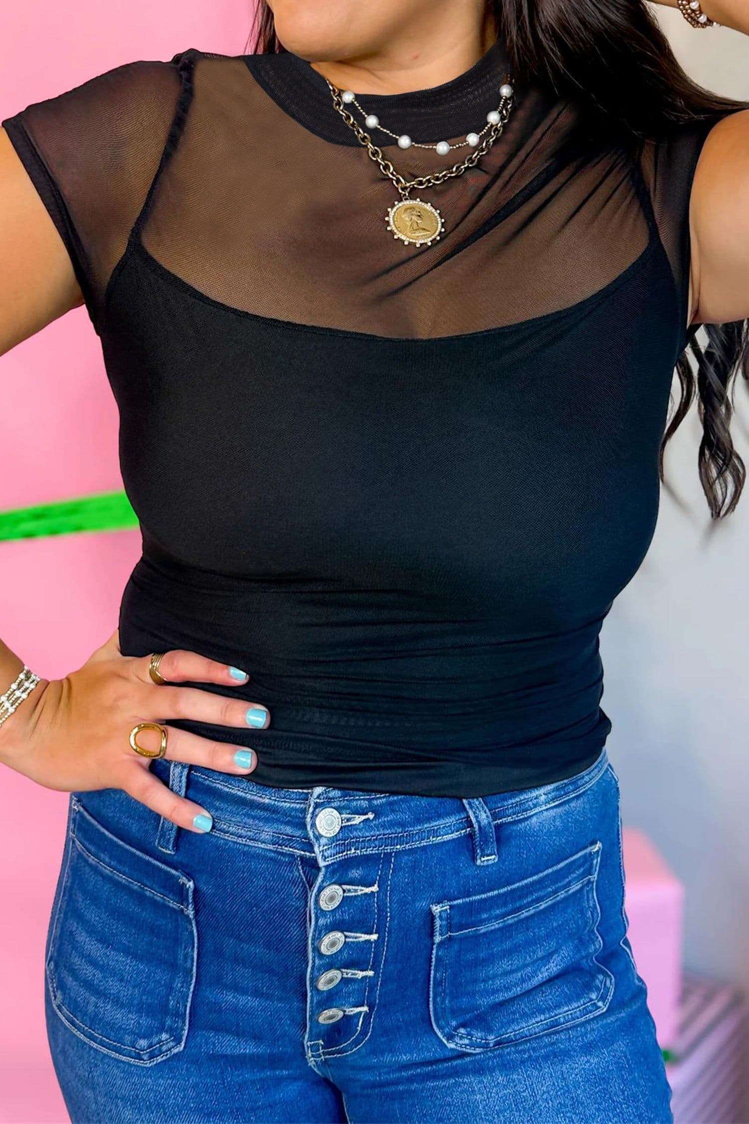image-Black Sheer Mesh Patchwork Cap Sleeve T Shirt