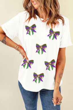 image-Mardi Gras Bow Graphic Sequin Crewneck Tee - White