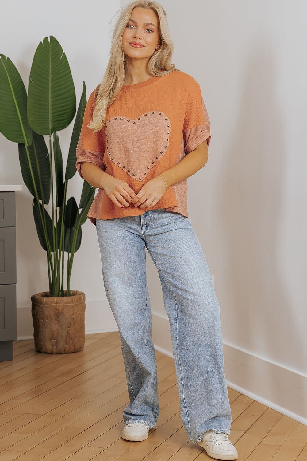 image-Desert Gold Stud Heart Patch Boho Top - Textured Front, XL Size