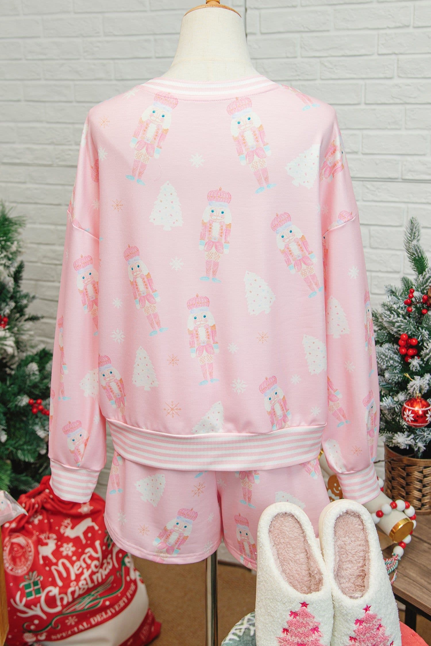 image-Pink Christmas Tree Nutcracker Doll Print Contrast Trim Long Sleeve Top Matching Shorts Set