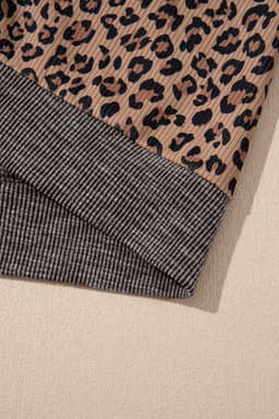 image-Khaki Ribbed Leopard Print Zip Hooded Sweatshirt