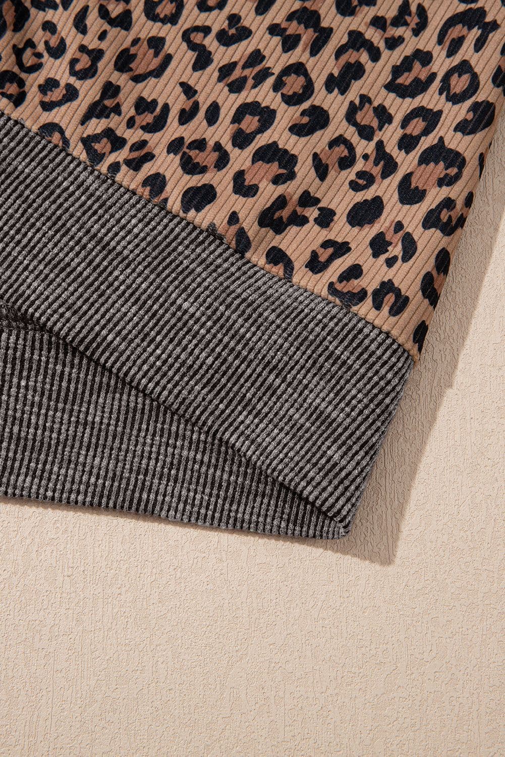 image-Khaki Ribbed Leopard Print Zip Hooded Sweatshirt