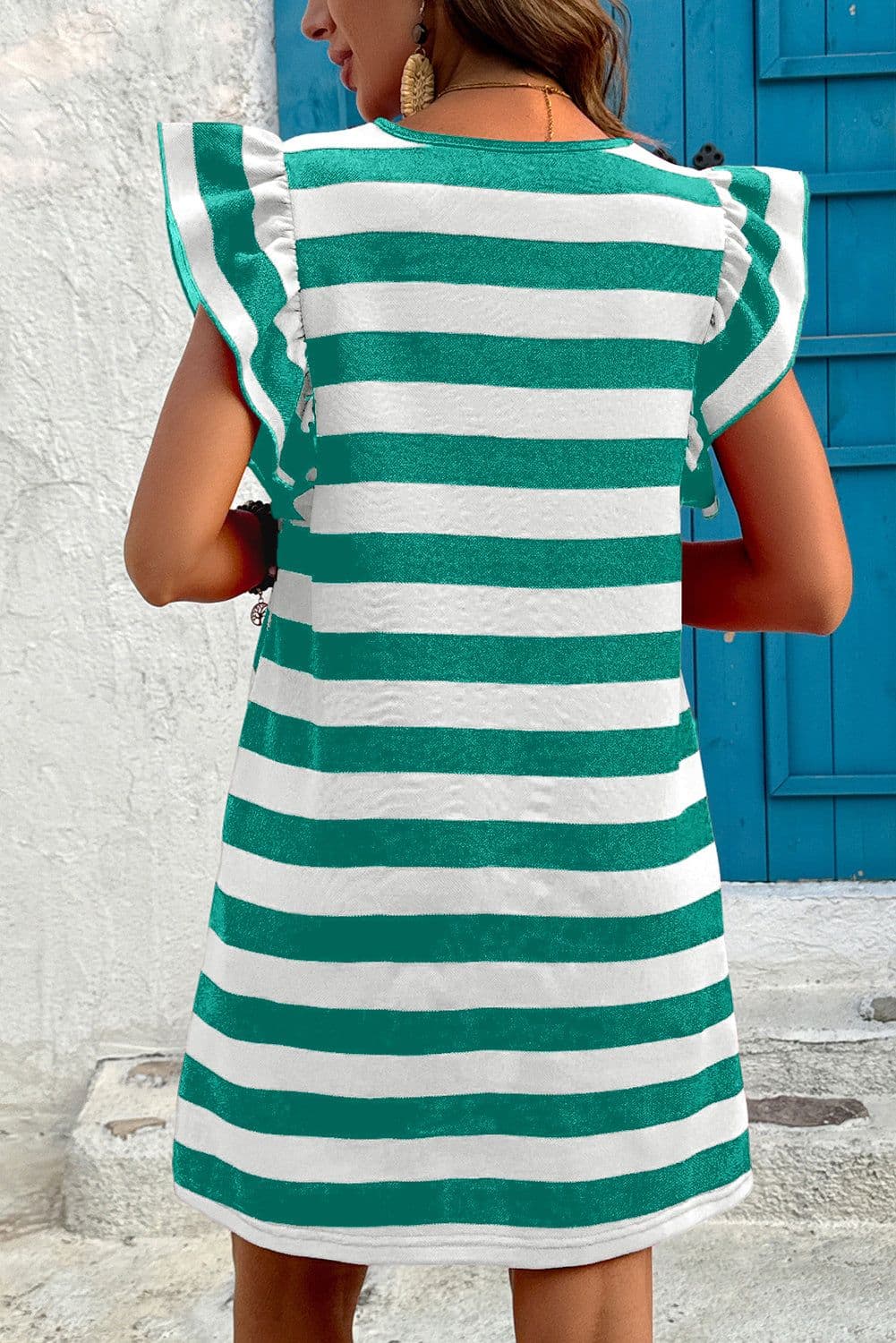 image-Red Stripe Flutter Sleeve Shift Dress