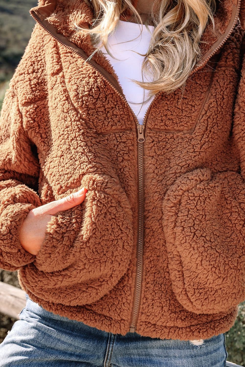 image-Straw Yellow Zip Up Hooded Sherpa Jacket