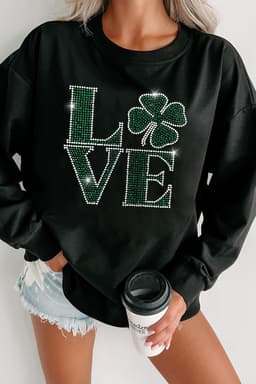 image-Black Rhinestone St. Patrick's Clover Pullover Sweatshirt - Holiday Wear