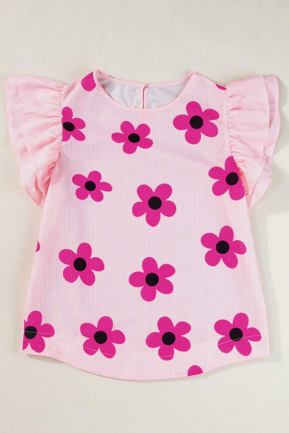 image-Floral Print Ruffled Sleeve Blouse - Pink Pinstripe - Sizes Available