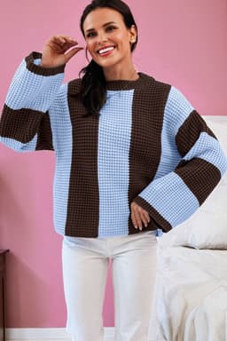 image-Fushia Striped Color Block Thermal Knit Sweater