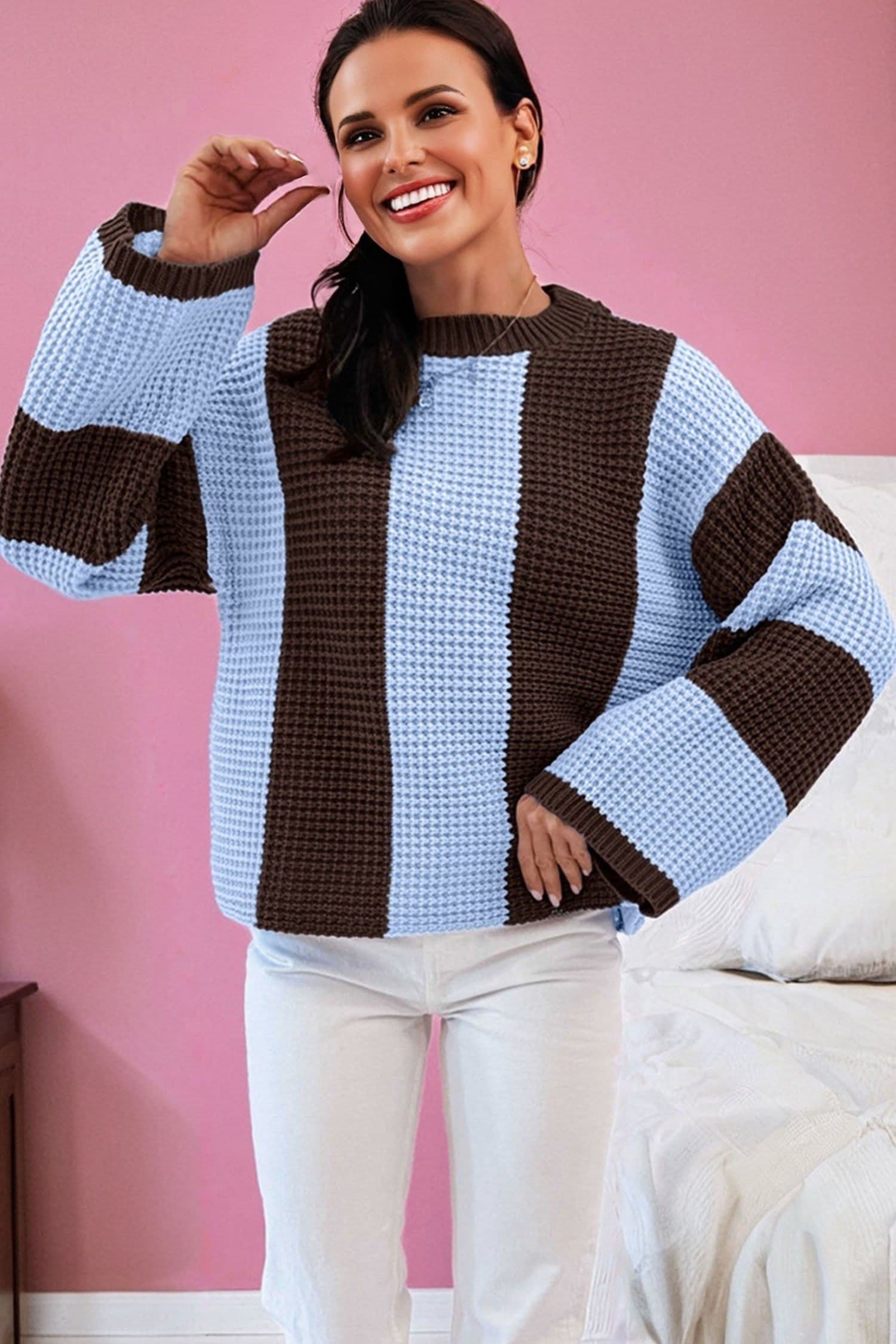 image-Fushia Striped Color Block Thermal Knit Sweater