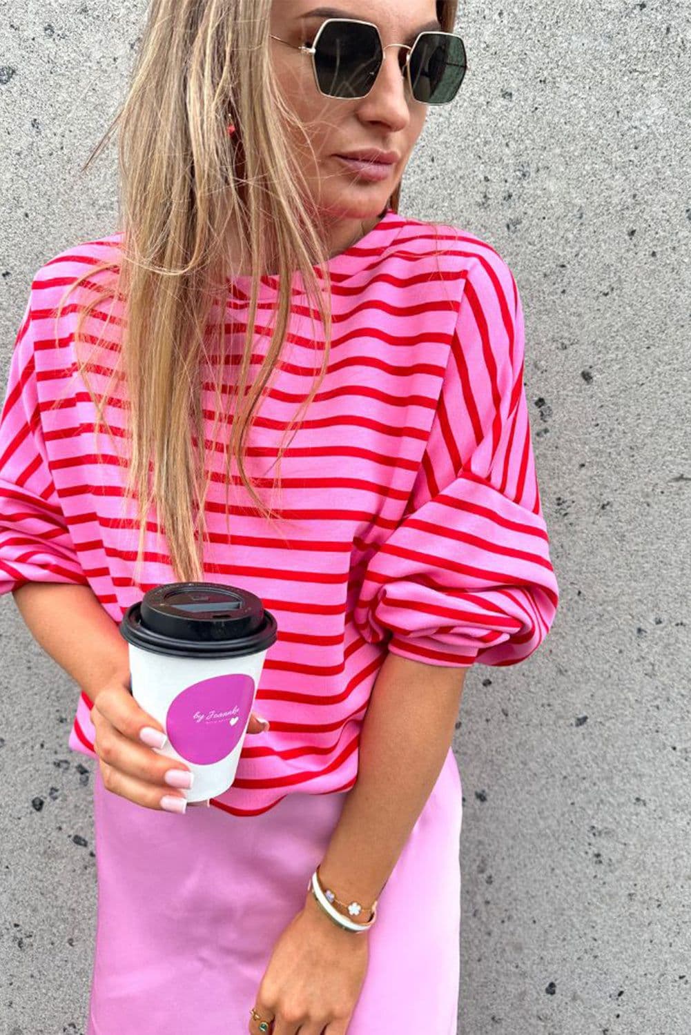 image-Pink Striped Print Crew Neck Sweatshirt - Drop Shoulder Loose Fit
