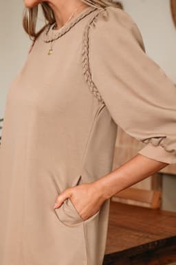 image-Light French Beige Braided Trim Puff Sleeve Dress