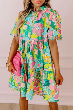 image-Green Floral Puff Sleeve Collar Buttoned Babydoll Dress