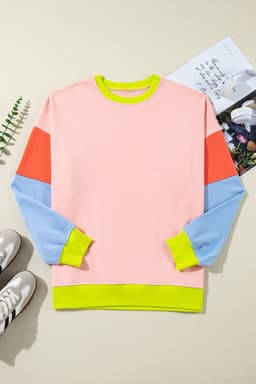 image-Light Pink Plus Size Colorblock Patchwork Crew Neck Sweatshirt