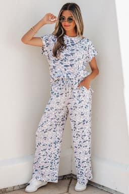 image-Beige Camouflage Print Twisted Rib Loose Tee Drawstring Pants Set