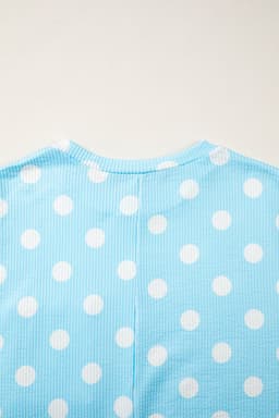 image-Sky Blue Polka Dot Top - Drop Shoulder Patch Pocket